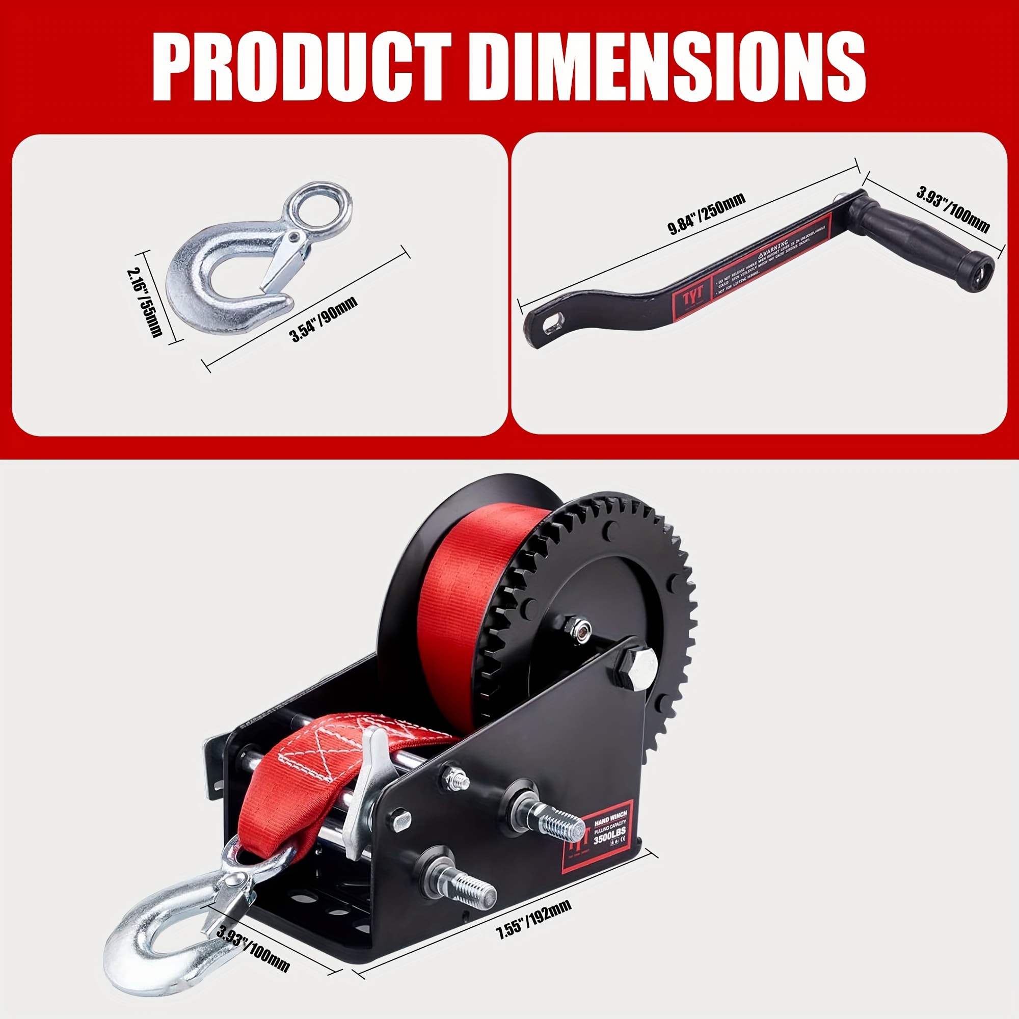 tyt 3500lb boat trailer strap winch with 10  strap sturdy long   gear hand   winch operated   ratchet manual   for towing   boat trailer truck rv jet ski marine winch details 5