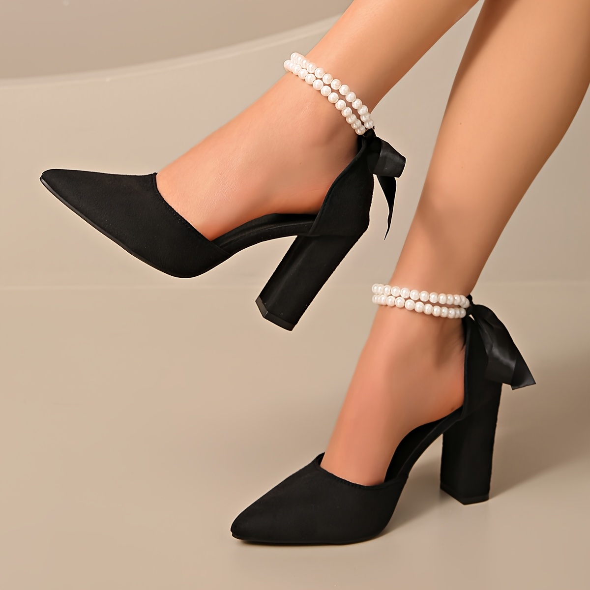 TEMU Elegant Women Shoes Shoes High Heels Straight Pearl Belt Thick Heel Baghead Women' Shoe Spring Summer All-match Fashion Hollow Shoe College