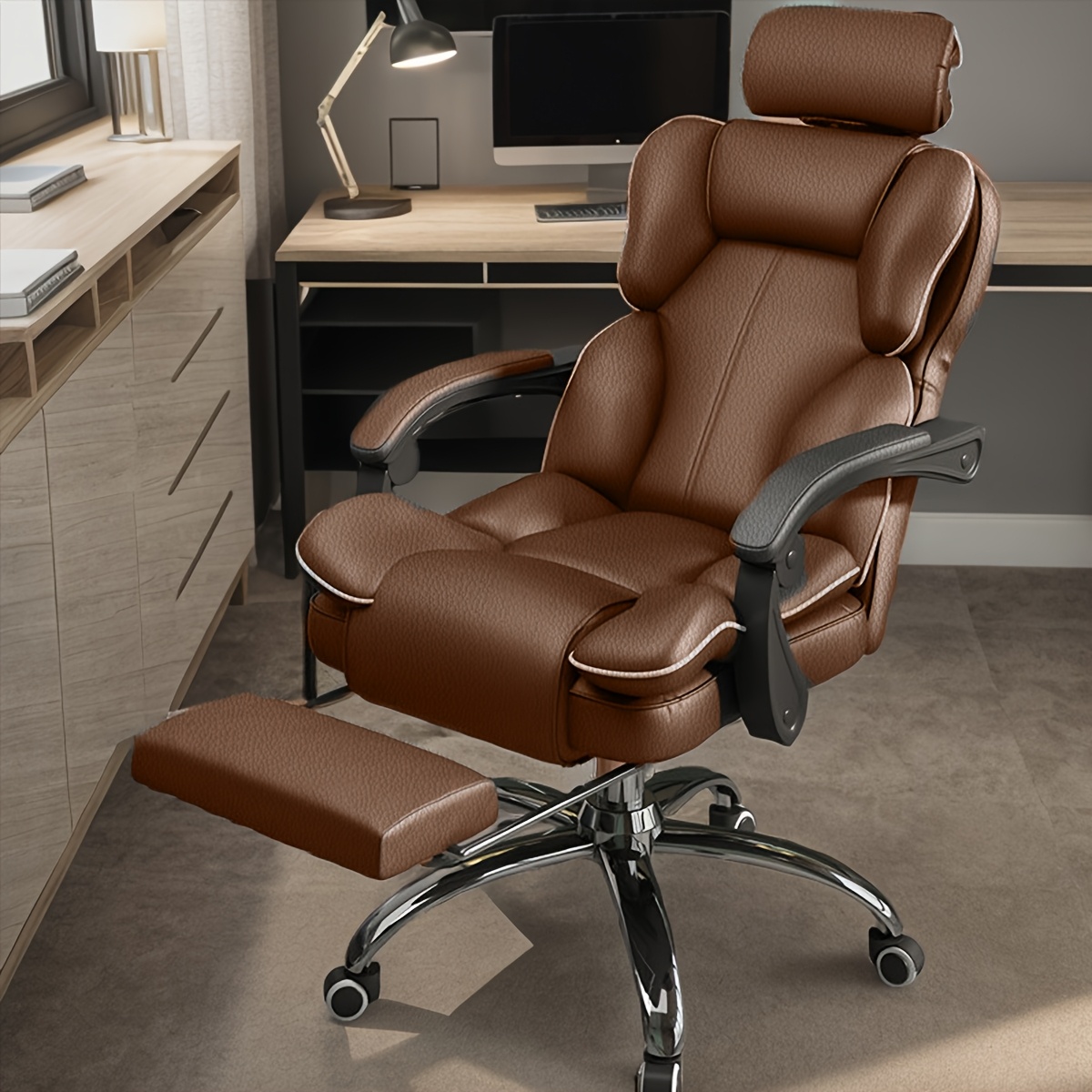 Image of High Back Executive Office Chair Comfortable Manager Chair Adjustable Tilt Work Chair Swivel Chair With Footrest For Home And Office