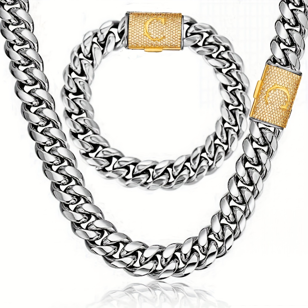 2pcs *'s Miami Cuban Link Chain Set 18K Golden Plated White Plated  Stainless Steel Interlocking Bracelet Necklace with Initial 'C'