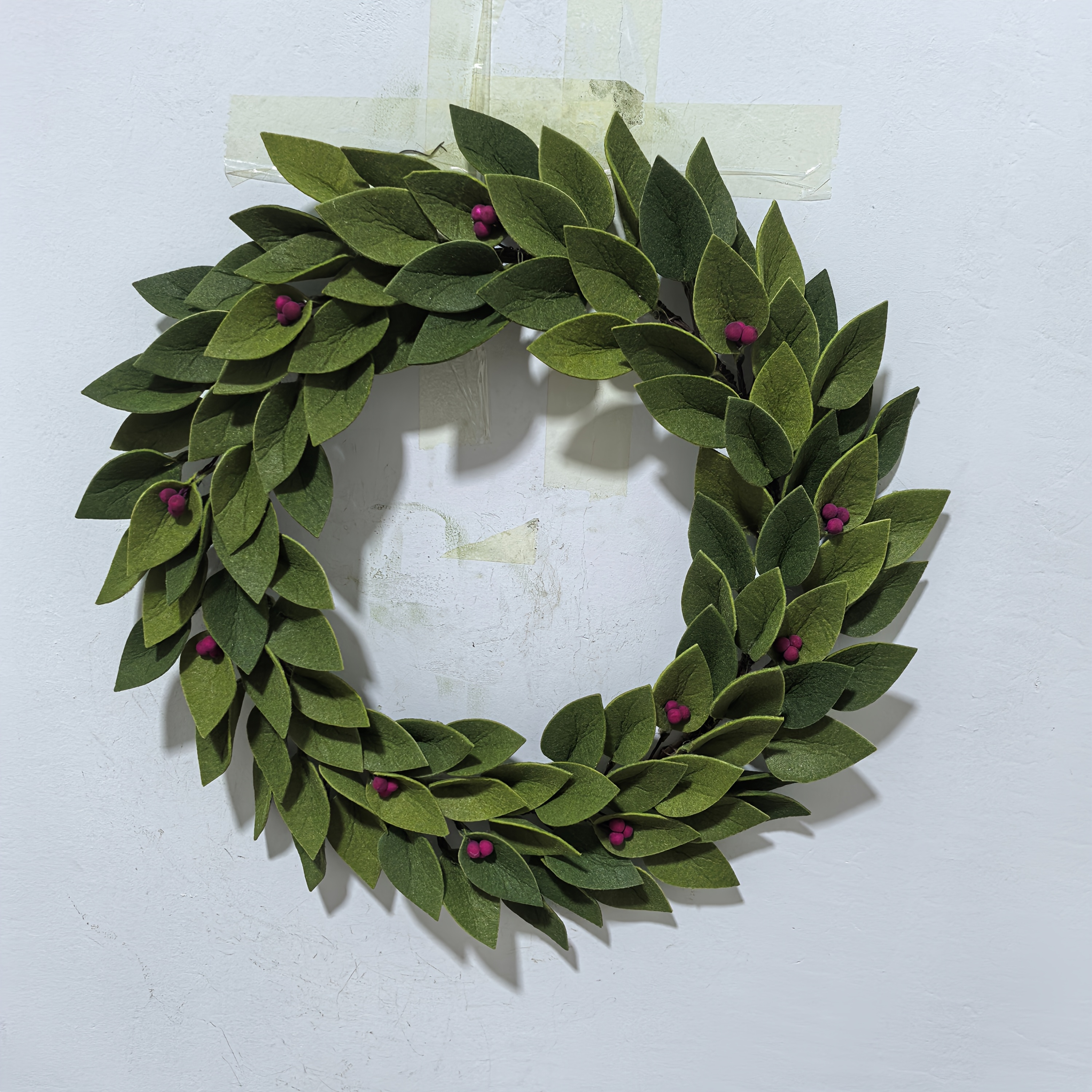 Felt Wreath Featuring Green Leaves And Red Berries For Christmas Decoration