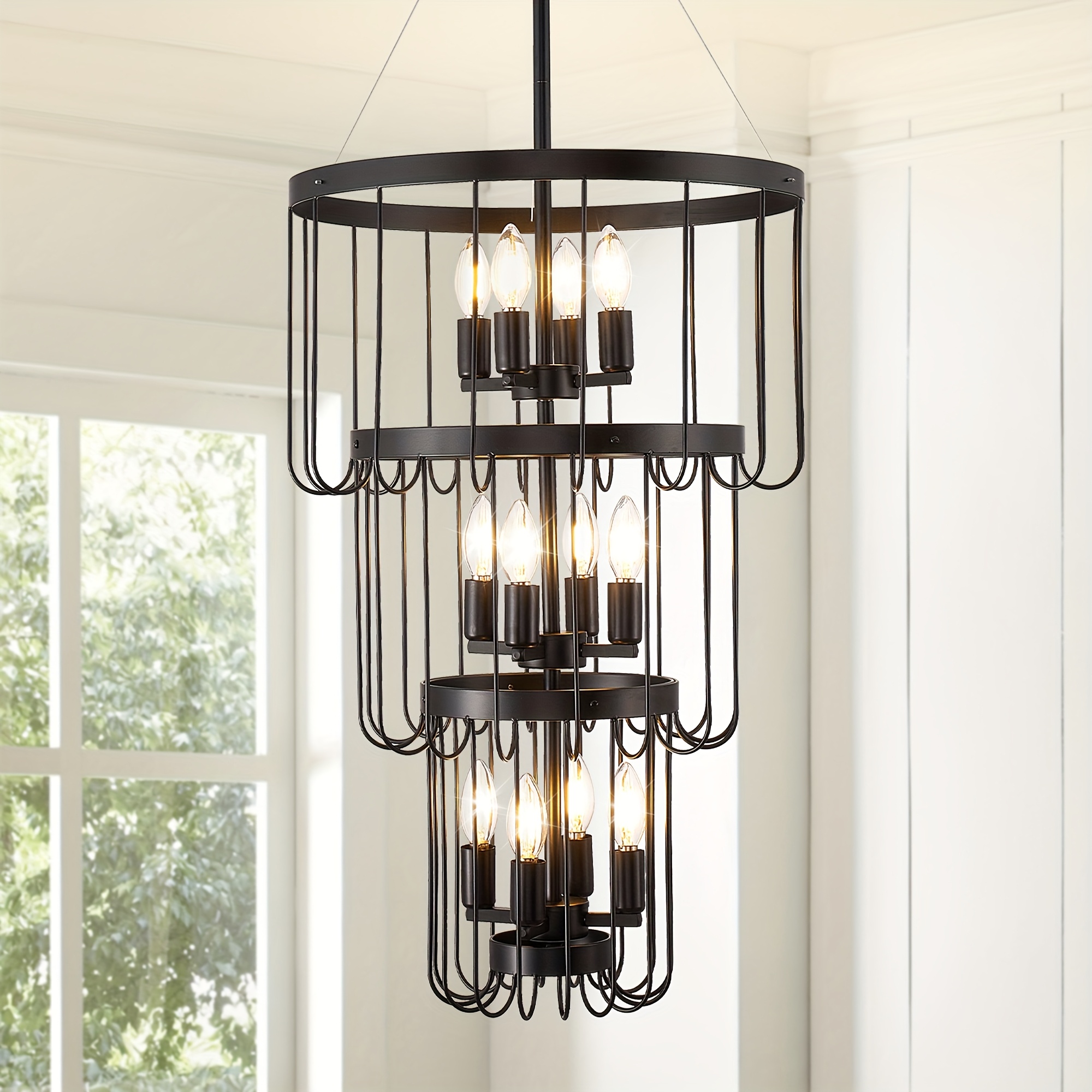 HHR 8-Light Black Lantern Tiered Pendant Light Fixtures, 32 Foyer