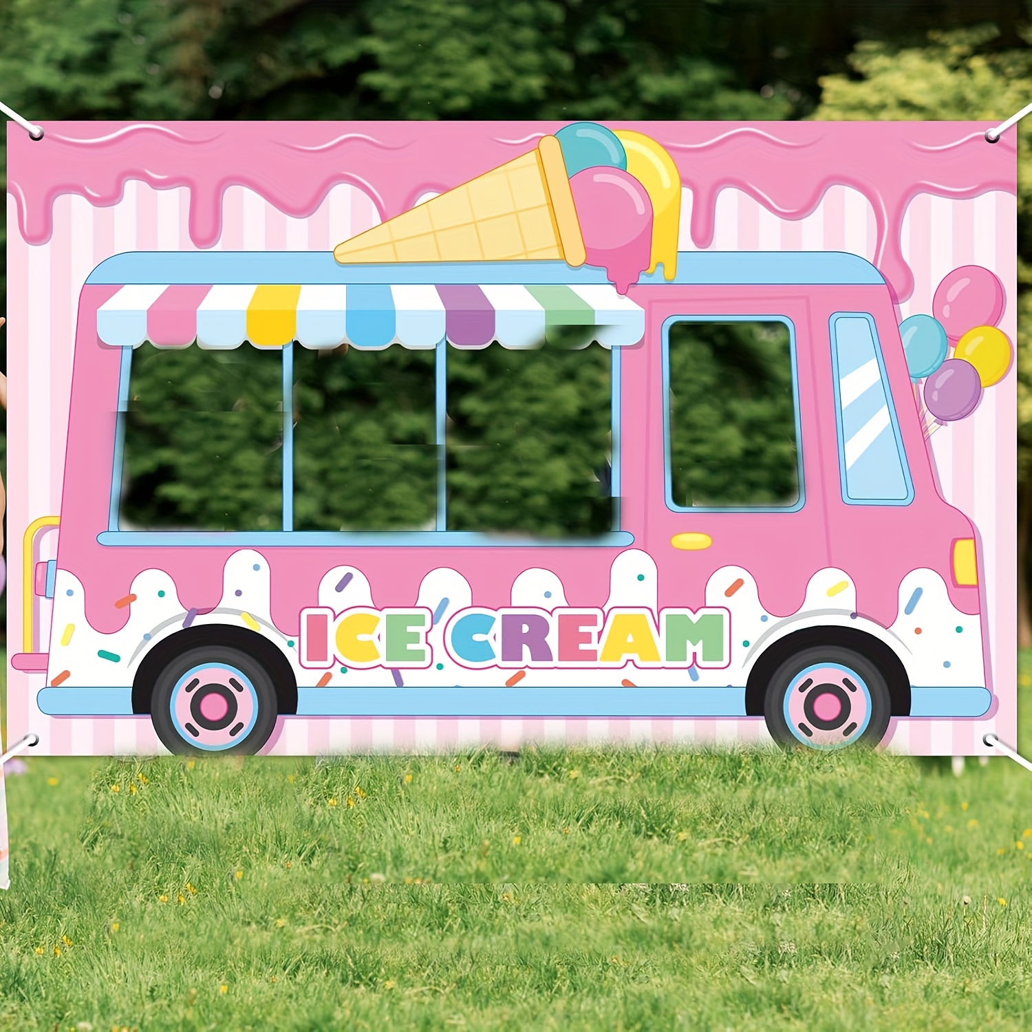 Image of Festive Pink Ice Cream Truck Photo Booth Backdrop - Perfect For Weddings, Birthdays, Bachelorette Parties And More - No Feathers, Fabric Materials, Or Power Needed