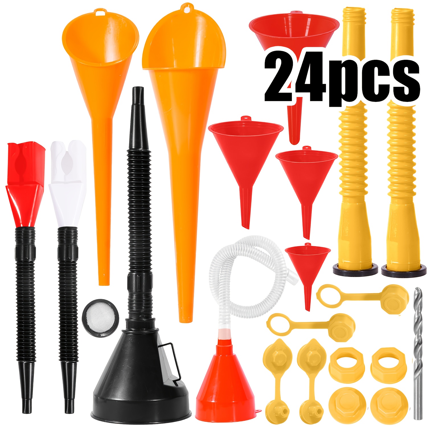 TEMU 24pcs Automotive Funnel Set Including 14pcs Gas Can Spout Replacement, Funnels For Automotive And Kitchen Use, Plastic Long Funnel, Flexible Right Angle Funnels, Wide Mouth Fuel Funnels Gasoline