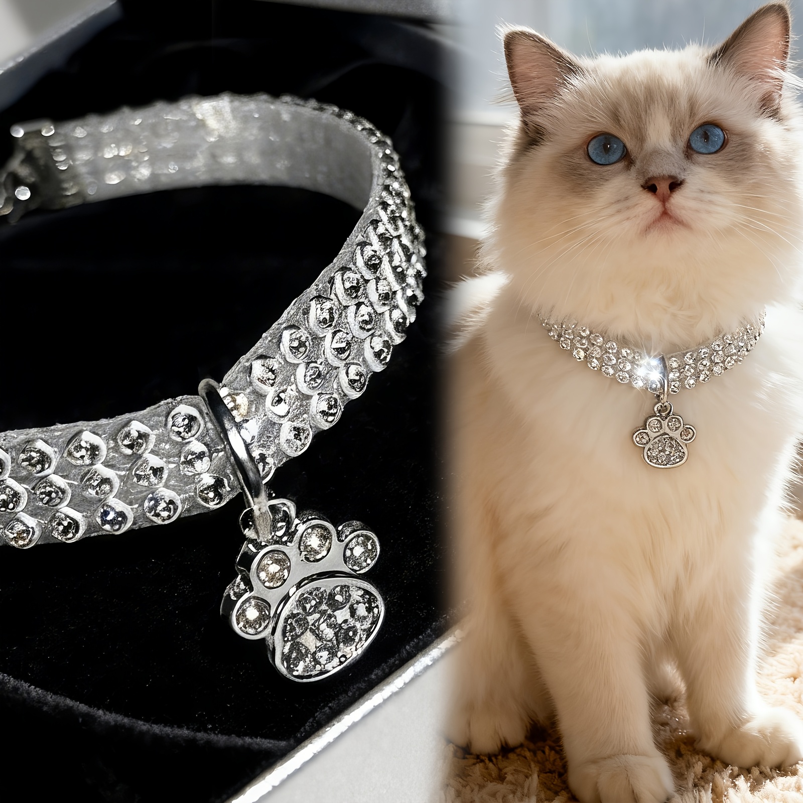 TEMU Collier pour Animal de Compagnie, Pendentif en Strass, Alliage avec Incrustation de Strass, Trois Rangées de Strass + Pendentif en Strass,
