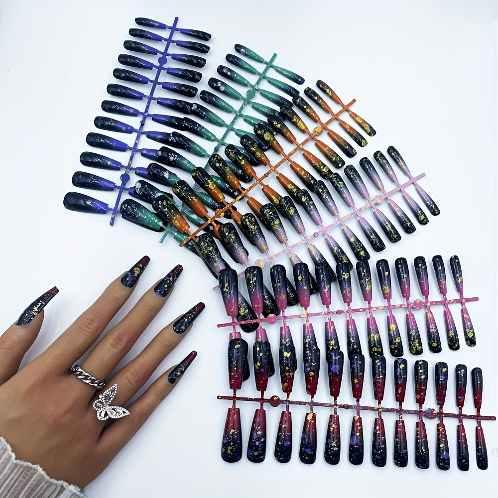 Image of 6-color Gradient Nail Pieces, Extra-long Ballet Nails, Golden Glitter Powder Halo Dyeing, Black And And Match, Glossy Fake Nail Set To Enhance Makeup Temperament