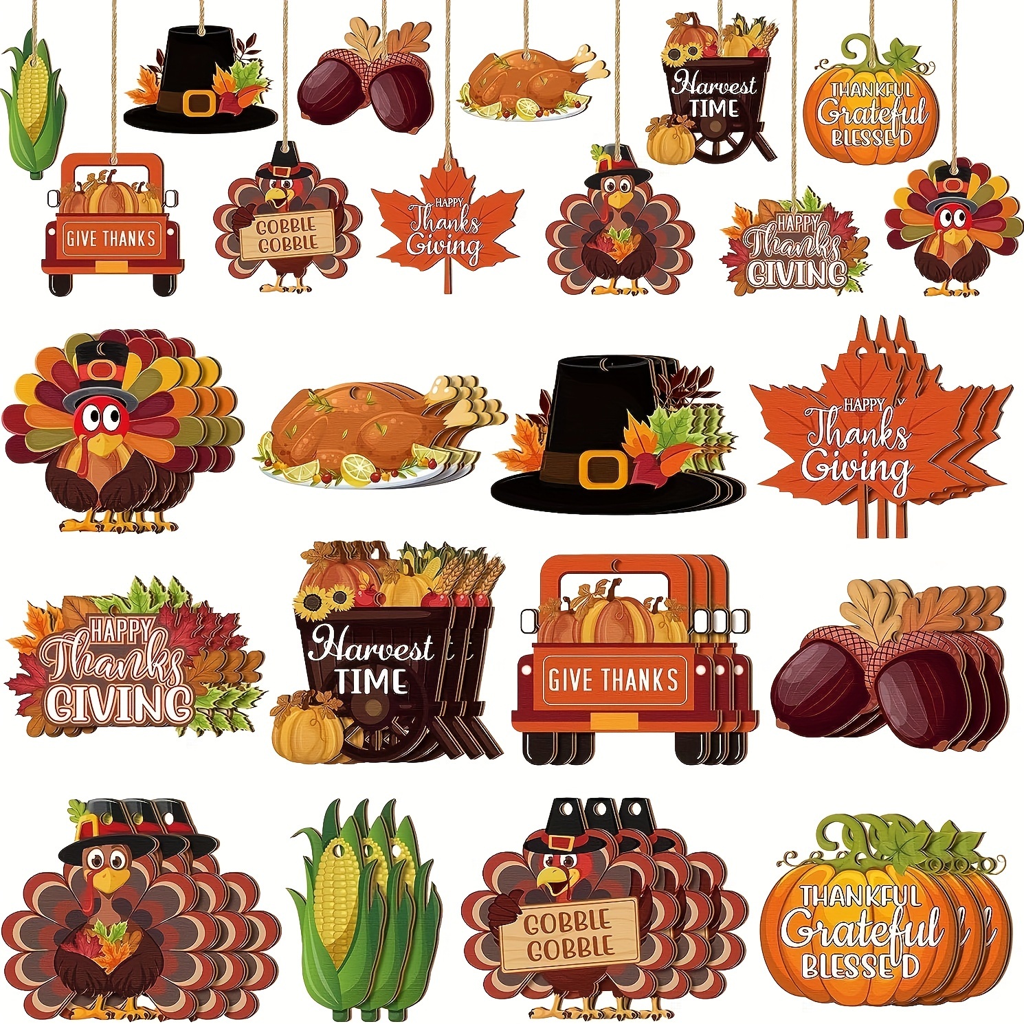 

24pcs, Thanksgiving Autumn Wooden Ornaments For Tree Thanksgiving Turkey Pumpkin Maple Leaf Truck Hollow Out Thanksgiving Decoration Autumn Tree Hanging Autumn Wooden Ornaments For Home Party