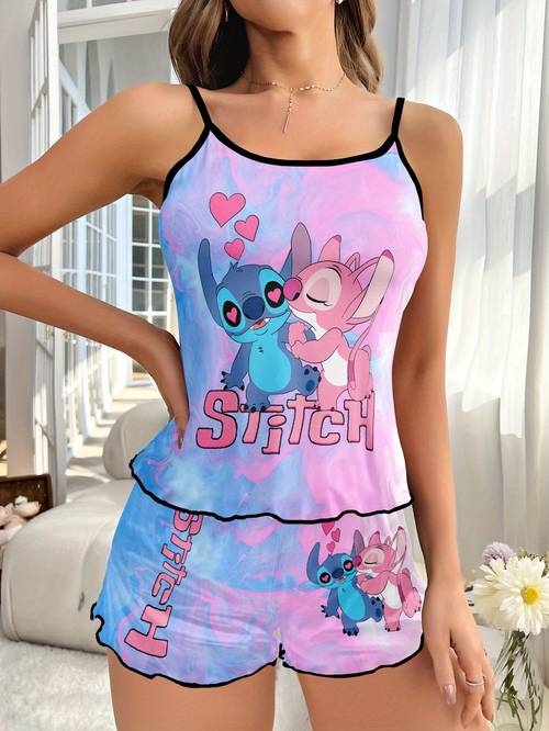 womens pajama set cute cartoon print off the shoulder camisole top and tie dye graphic print shorts comfortable polyester blend pajamas
