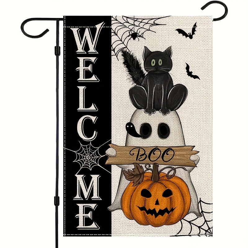 

1pc, Halloween Ghost Cat Boo Garden Flag, 12*18 Inch Small Double Sided Polyester Waterproof Blend Welcome Seasonal Holiday Yard Outside, For Halloween Holiday Decor Supplies, No Flagpole