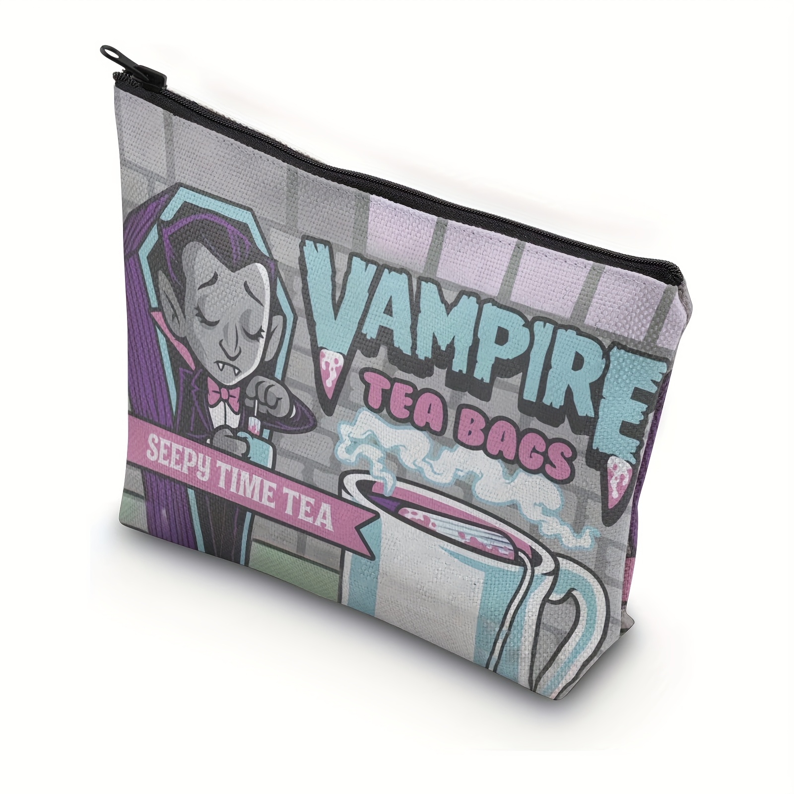 TEMU Vampire-themed Tea Bag Storage Pouch - "seepie Time Tea" Design With Stylish Vampire Illustration, Black Zipper, Perfect Gift For Fans, Tea