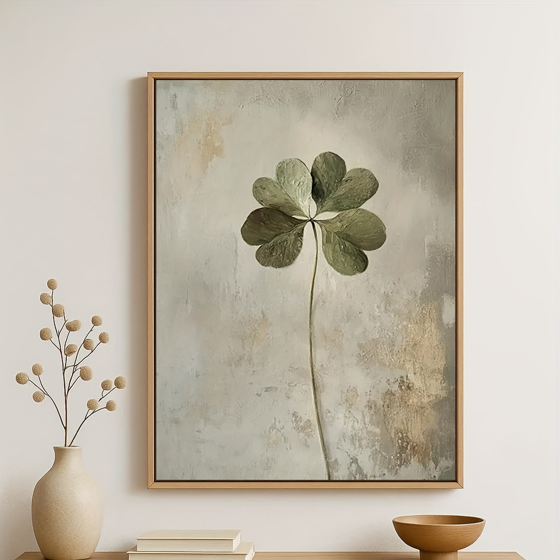 E-shop 2D Flat, 2D Flat, 2D Flat ., - Rustikale Easy Clover Leinwand Wandkunst, Natürlicher Stil Neutrale Wanddeko, eine ruhige elegante Atmosphäre -