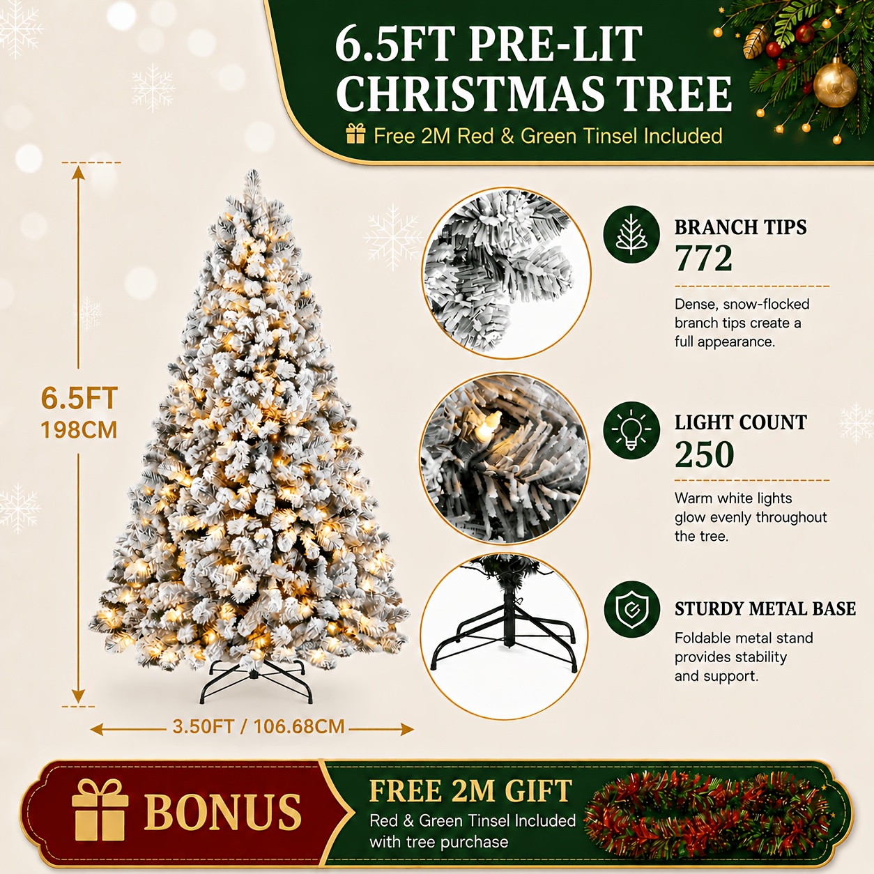 TEMU Elegant 4.5/5.5/6.5ft Pre-lit Snowy Pine Christmas Tree With 340 - 772 Branches & 100 - 250 Warm Lights - Easy Assembly, Adjustable Stand