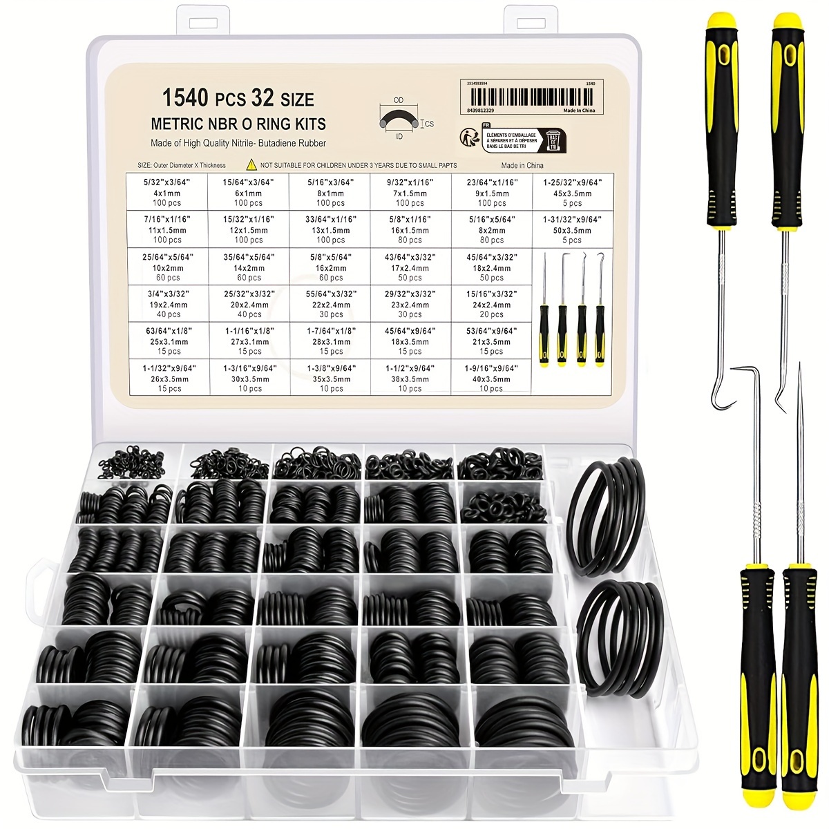 

1540-piece O-ring Assortment Kit, Metric Nbr Rubber O-rings With Picks And Hooks, Round Cross-section, 70a Durometer For Plumbing, High-pressure Washers, Automotive Repairs, Air & Gas Seals, 32 Sizes