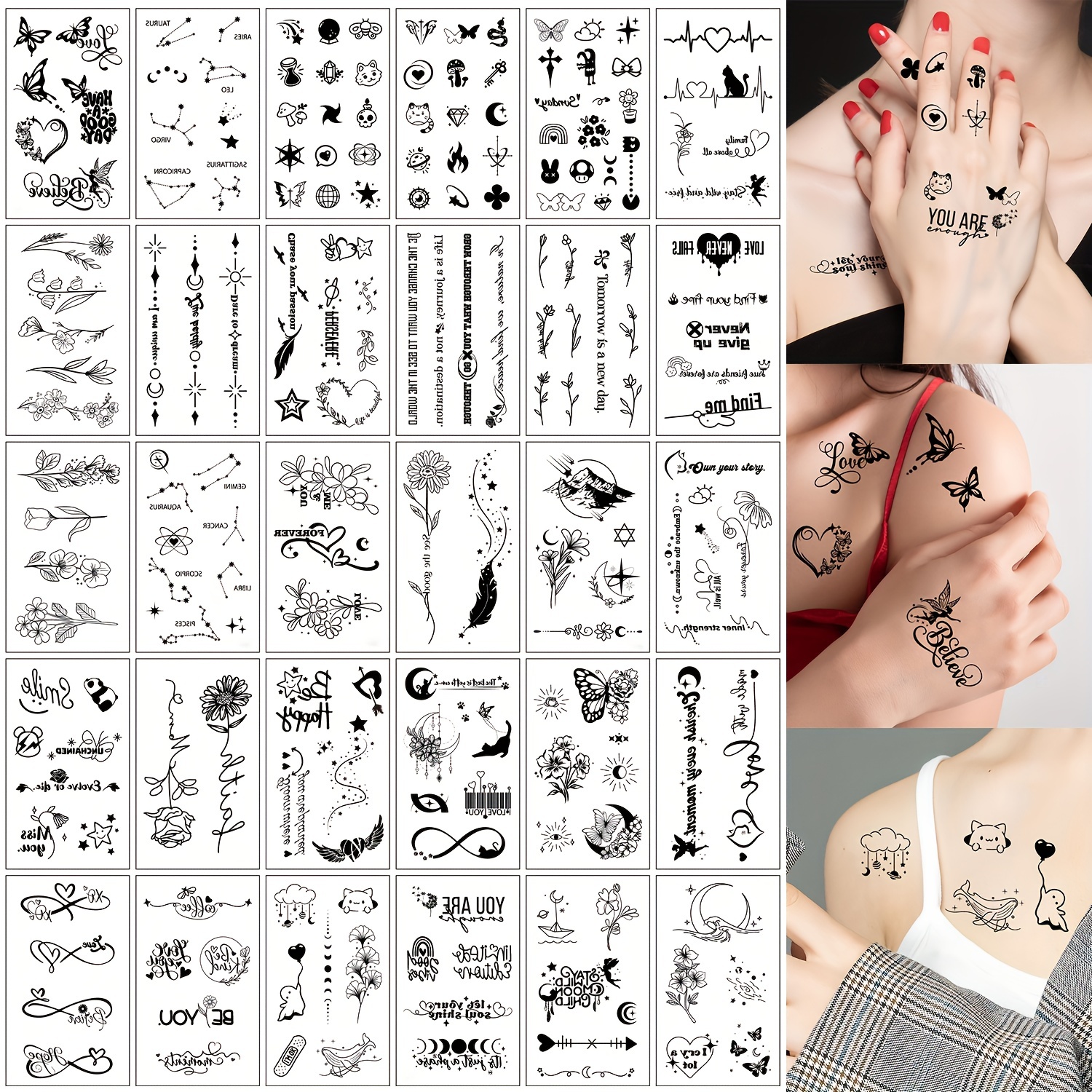 Temporary Tattoo Stickers For Women, 200+ Mixed Design Styles Patterns, Black Heart Love Text Heartbeat Small Size Pattern Fake Tattoo Stickers