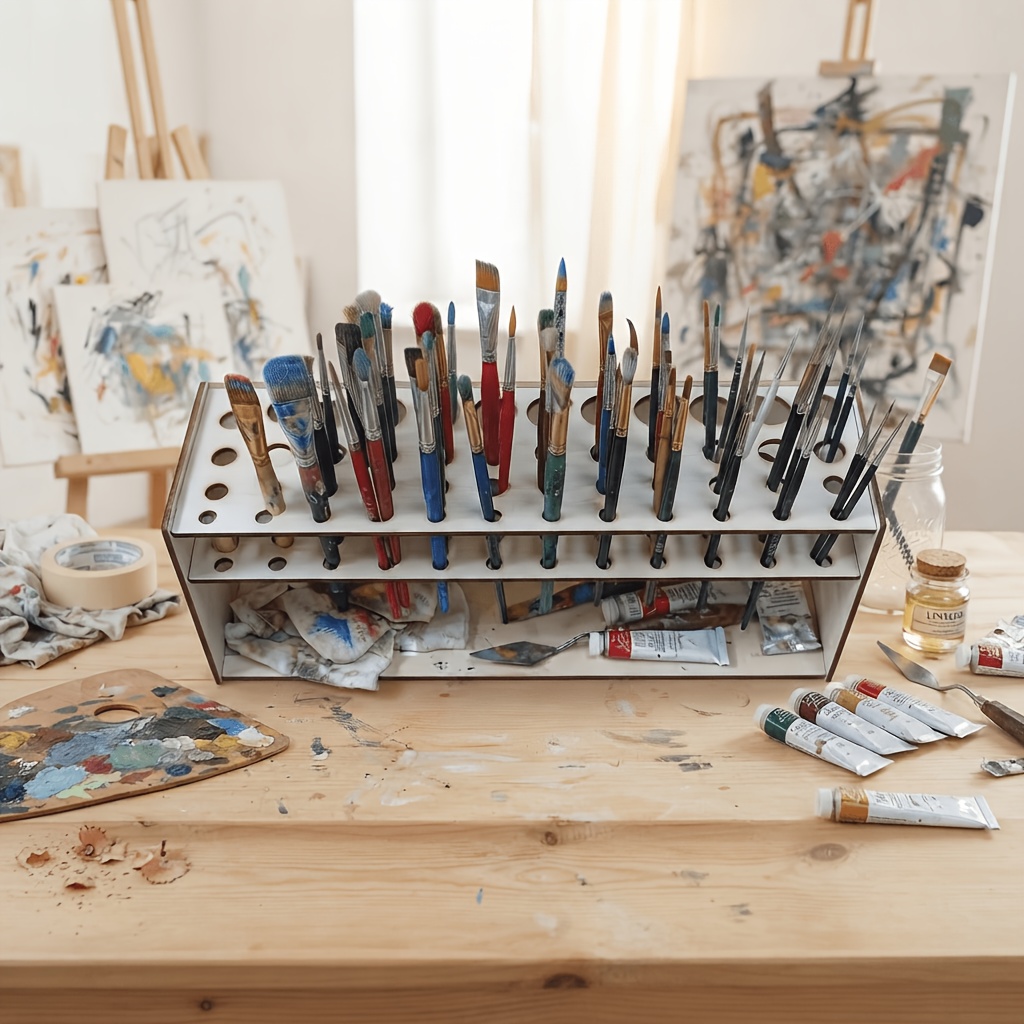 TEMU Wooden Paint Brushes Stand, Detachable Desktop Organizer, Painter's Tool Storage Rack, Universal