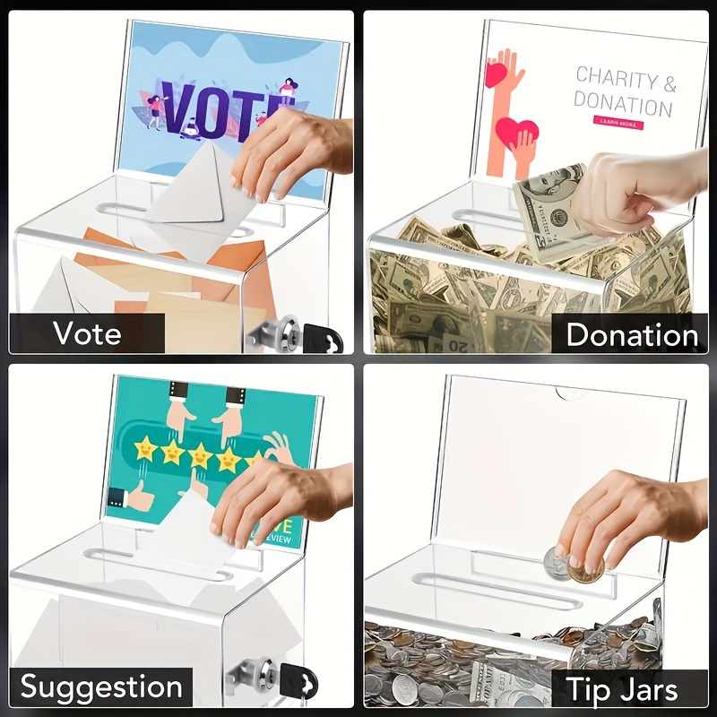 Caja De Donaciones De Acrílico Transparente Con Cerradura Y Llave – Urna Para Sorteos, Votos, Tarjetas De Visita Y Eventos – Incluye Pegatinas