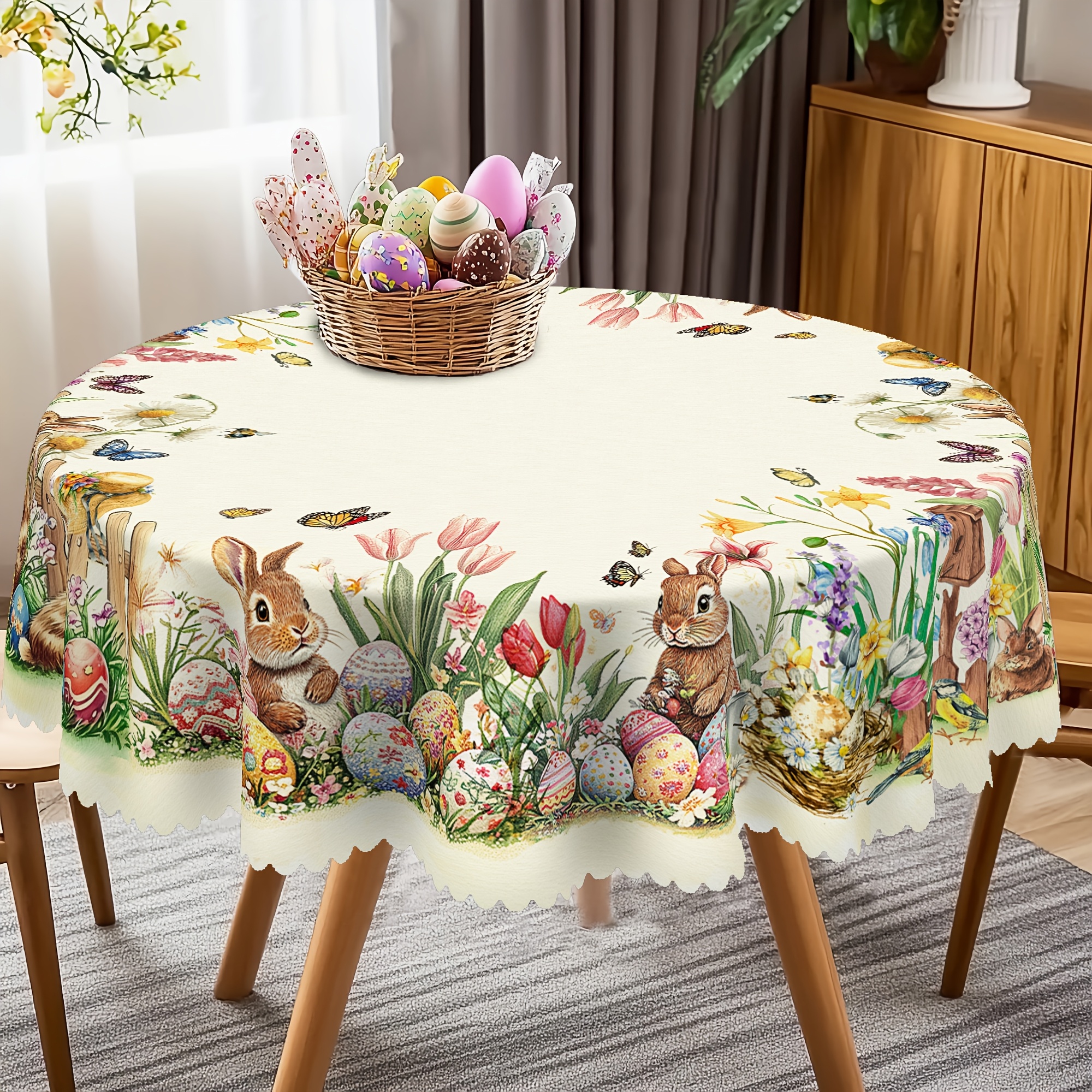 

1pc, Easter Pattern Printed Tablecloth + 4pcs Self Pasting, Spring Flower Round Table Cloth, Festival Party Tablecloth, Outdoor Decor Rectangle Table Cover, Kitchen Accessories, Pattern Table Gift