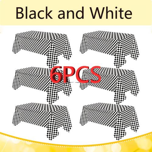 set of 6 black and white checkered disposable table covers for racing themed parties measuring 137 16 x 274 32 cm featuring a checkered suitable for car themed birthday celebrations