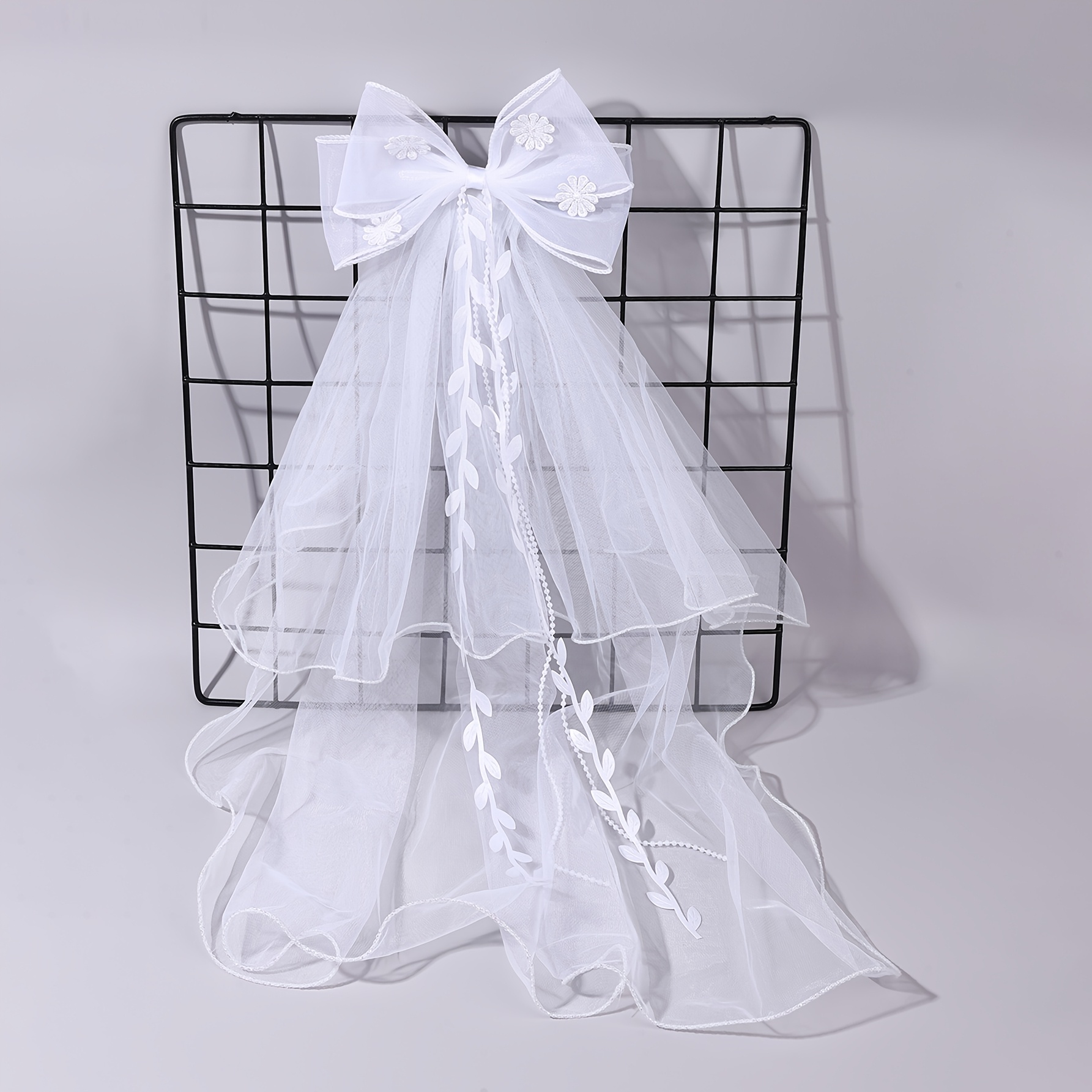 TEMU 1pc Bridal Bow Veil Party Hair Accessory - Delicate Embroidered Tulle Veil With Floral Embroidery & Artificial Pearl Tassel, Lightweight Wedding