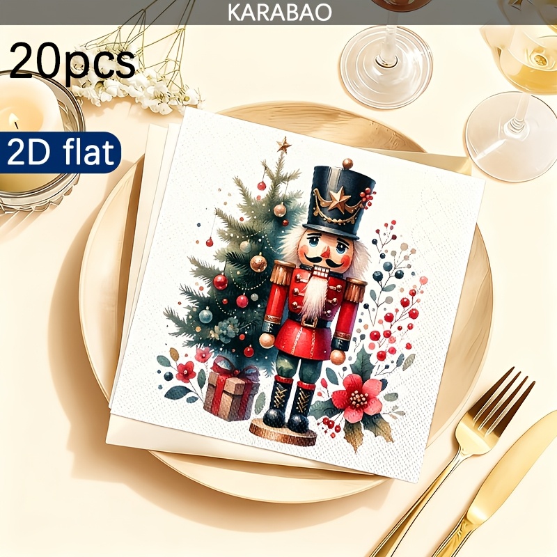 TEMU 20pcs Christmas Nutcracker Soldier-themed Napkins, Decorated With Pine Branches, Ornaments, And Berries, Festive Atmosphere, Double-layer Thick,