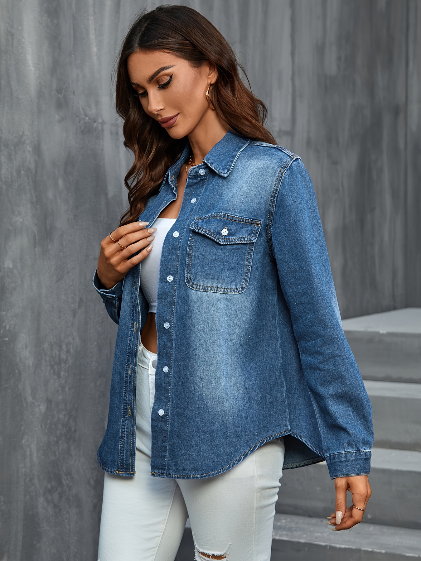 flap pocket long sleeve button up denim shirts lapel washed blue elegant denim top womens denim jeans clothing details 3