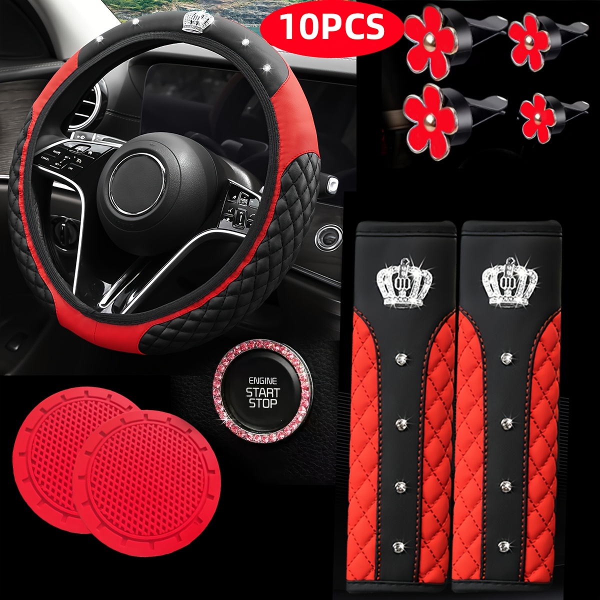 TEMU 10pcs Universal Steering Wheel Cover Shoulder Pad Set Daisy Air Outlet Clip - Great Value Combo Set, Non-slip Breathable Universal Car Interior