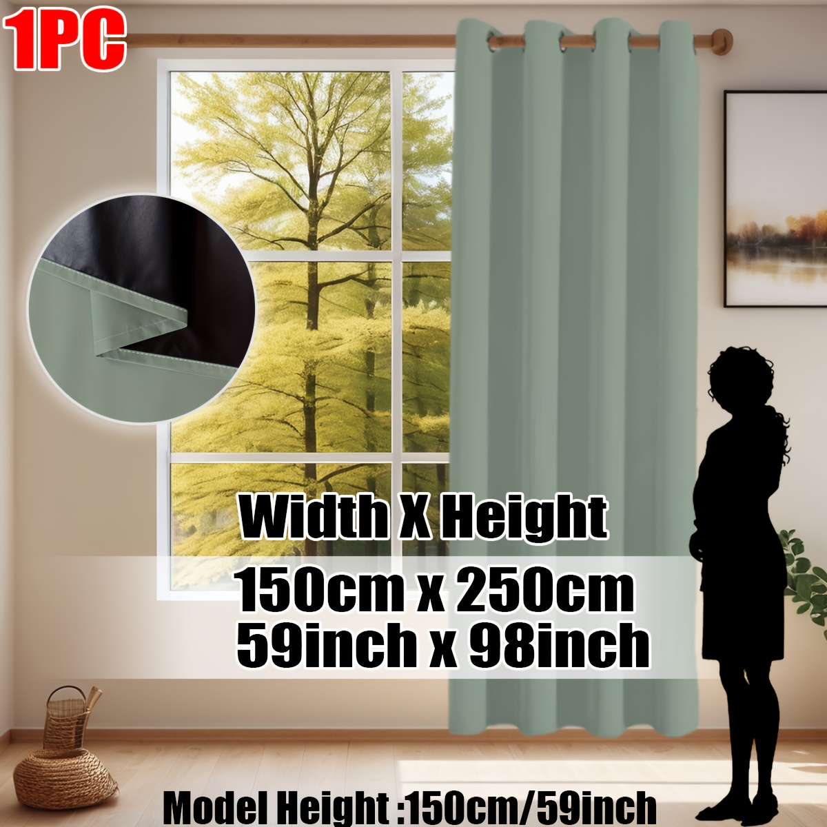 TEMU Pack Of 1, Gray-green 100% Curtains, With Grommet Top, Black Inner Lining Coating, Noise, Blocks , Balances Temperature, Provides -free