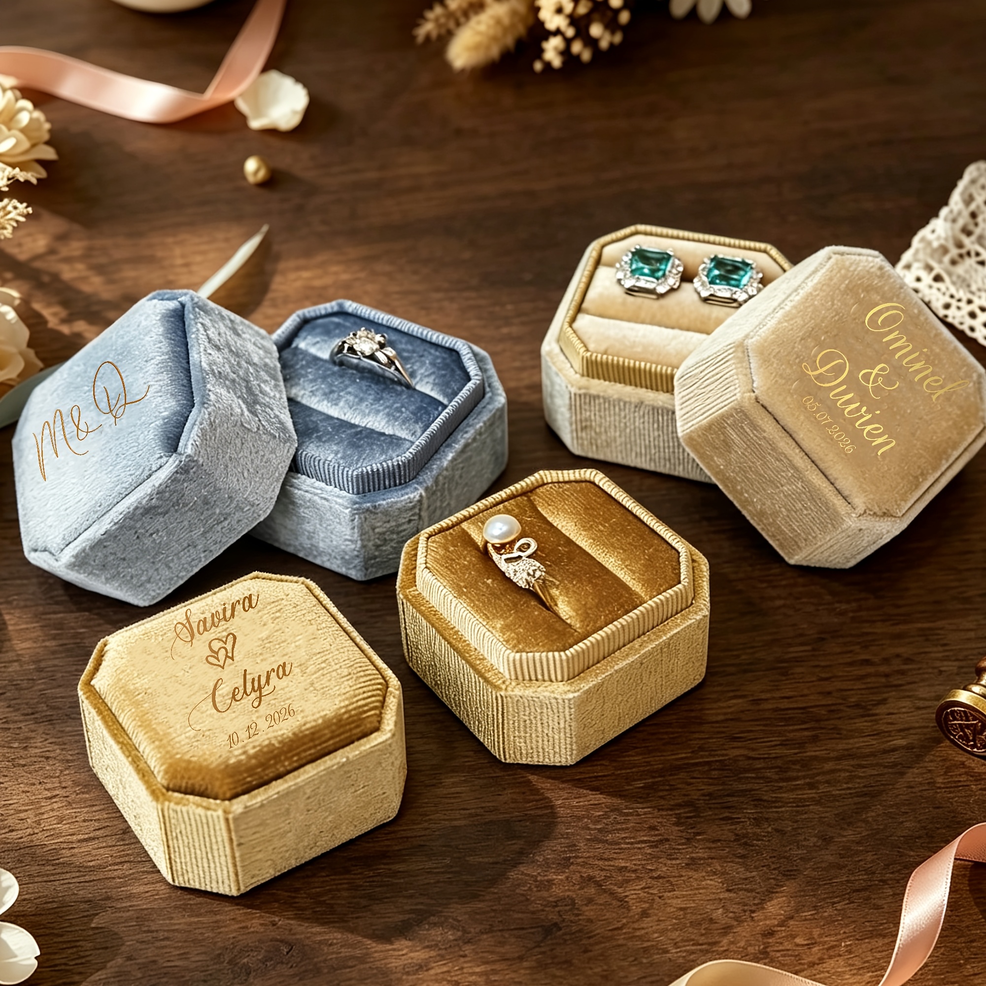 Personalized Octagonal Velvet Ring Box