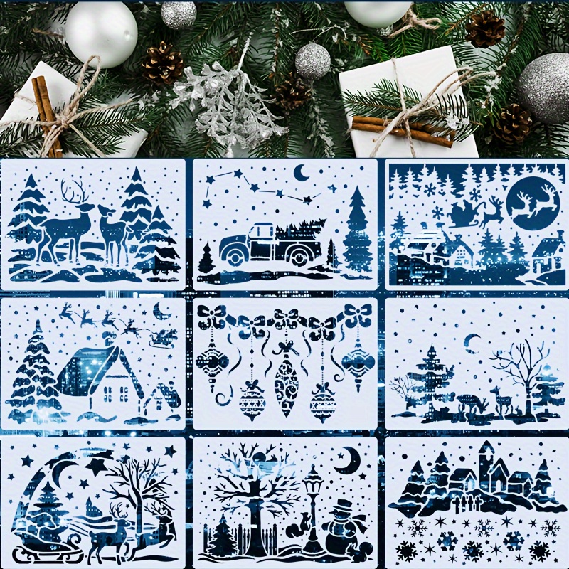 Image of Set Of 9 Christmas-themed Painting Stencils, Each Measuring 5x7 Inches, Perfect For Mural Art, Illustrations, And . Reusable And Washable Stencils Are Ideal For Home Decoration