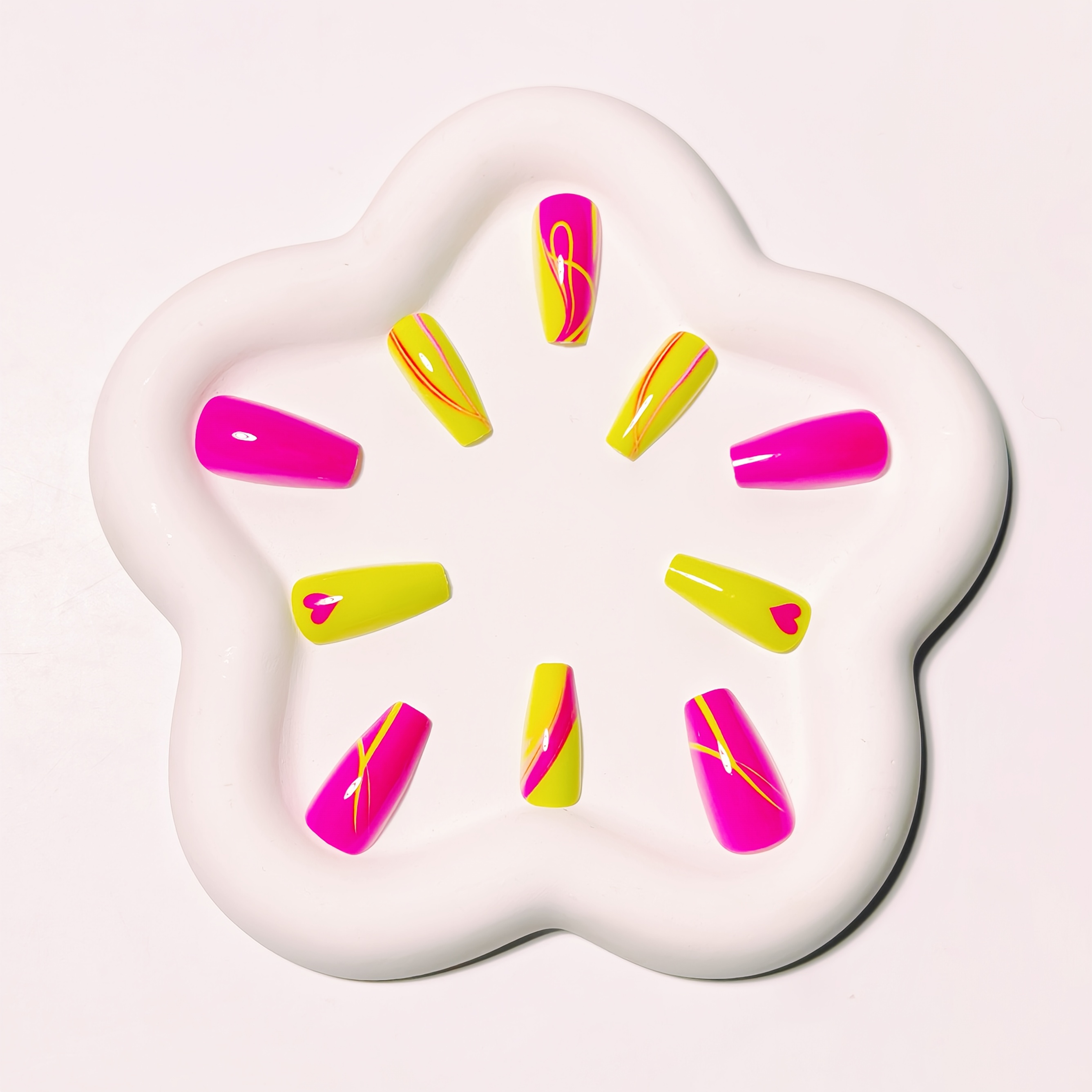 24pcs Ballet Shape Press-On Nails - Neon Pink & Yellow Glossy Finish with Heart & Swirl Designs, Medium Length Reusable Fake Nails for Parties, Events, Bold Fashion Statements, Ballet Accessories, Party Accessories, Durable Pressons