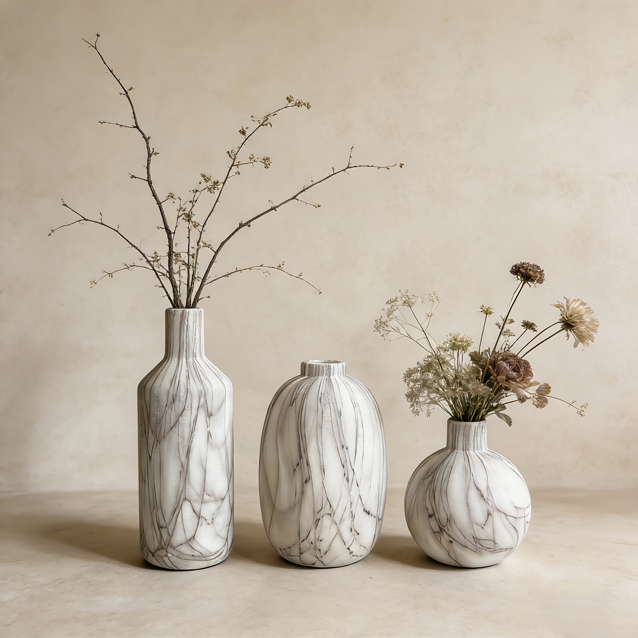 3pcs Wood Grain/Stone Texture Ceramic Vase Set Wabi-Sabi Decorative Flower Pot Ornament Japanese Rustic Style Desktop Home Resident B&B Soft Decoration Dried Flower Arrangement Floral Art All-Match Premium