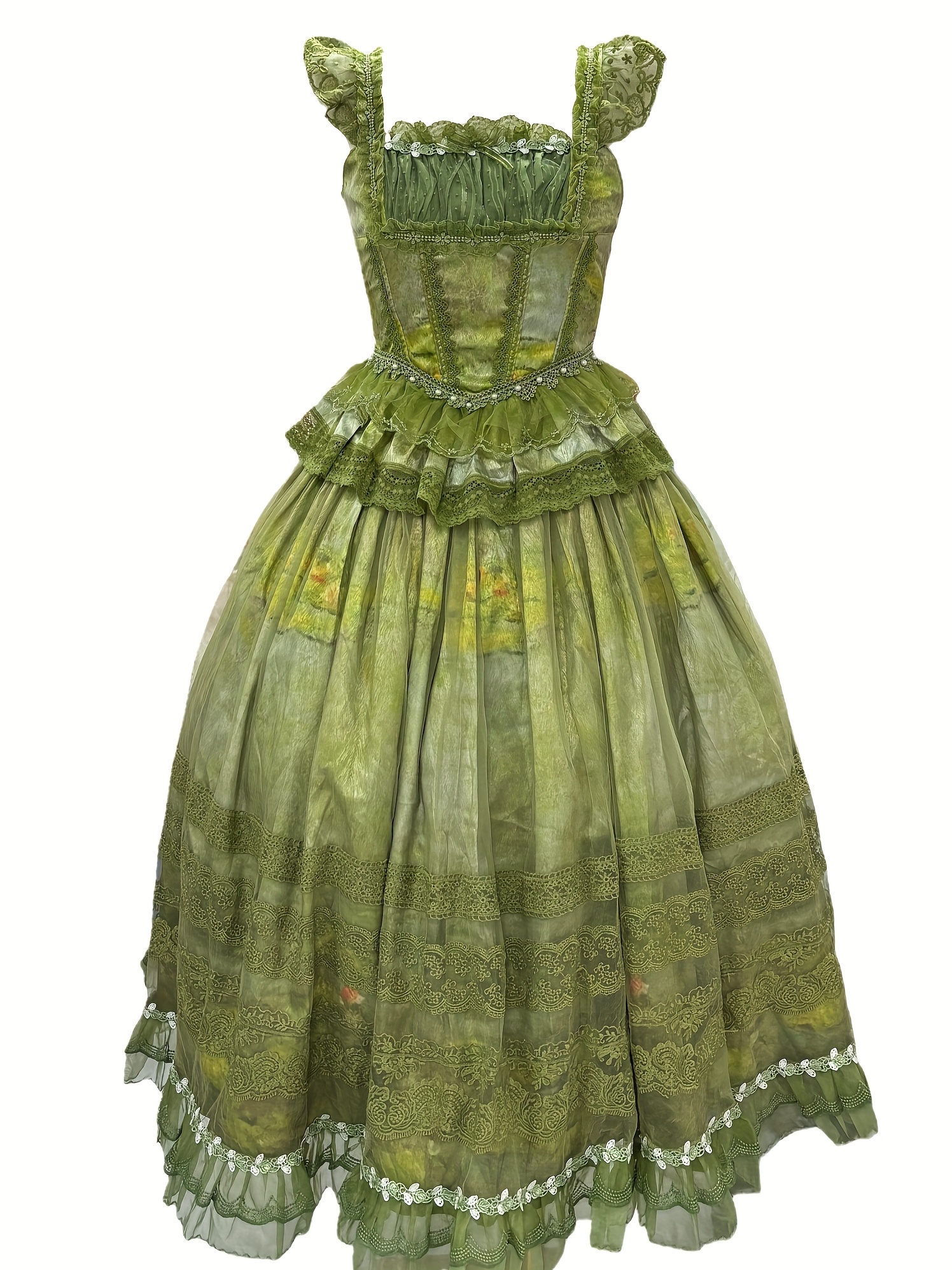 Vintage * Lolita Style Style Long JSK - Sleeveless Lace-Ruffle Dress with  Ruched Bodice, Floral Embellishments And Tiered Mesh Skirt, Elegant  Victorian-Inspired Outfit for * Cosplay, Photoshoots And *