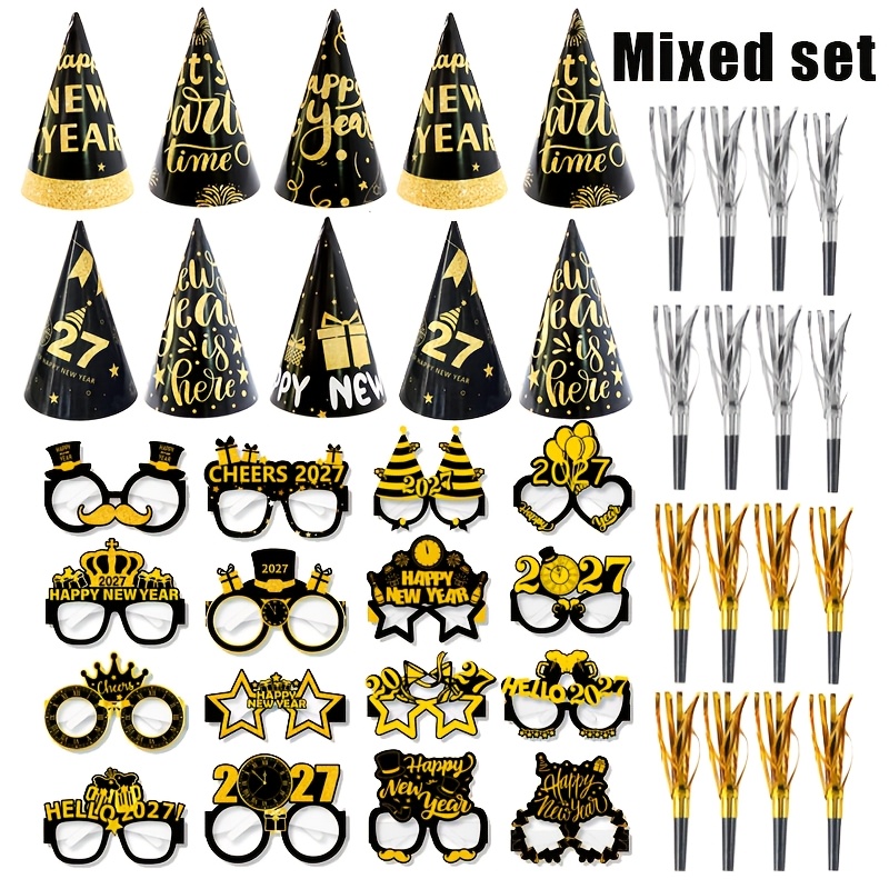 TEMU Ensemble cadeau de fête du Nouvel An 48 pièces, 48 chapeaux coniques, lunettes, écharpe de pluie dragon, décorations de Nouvel An noires et