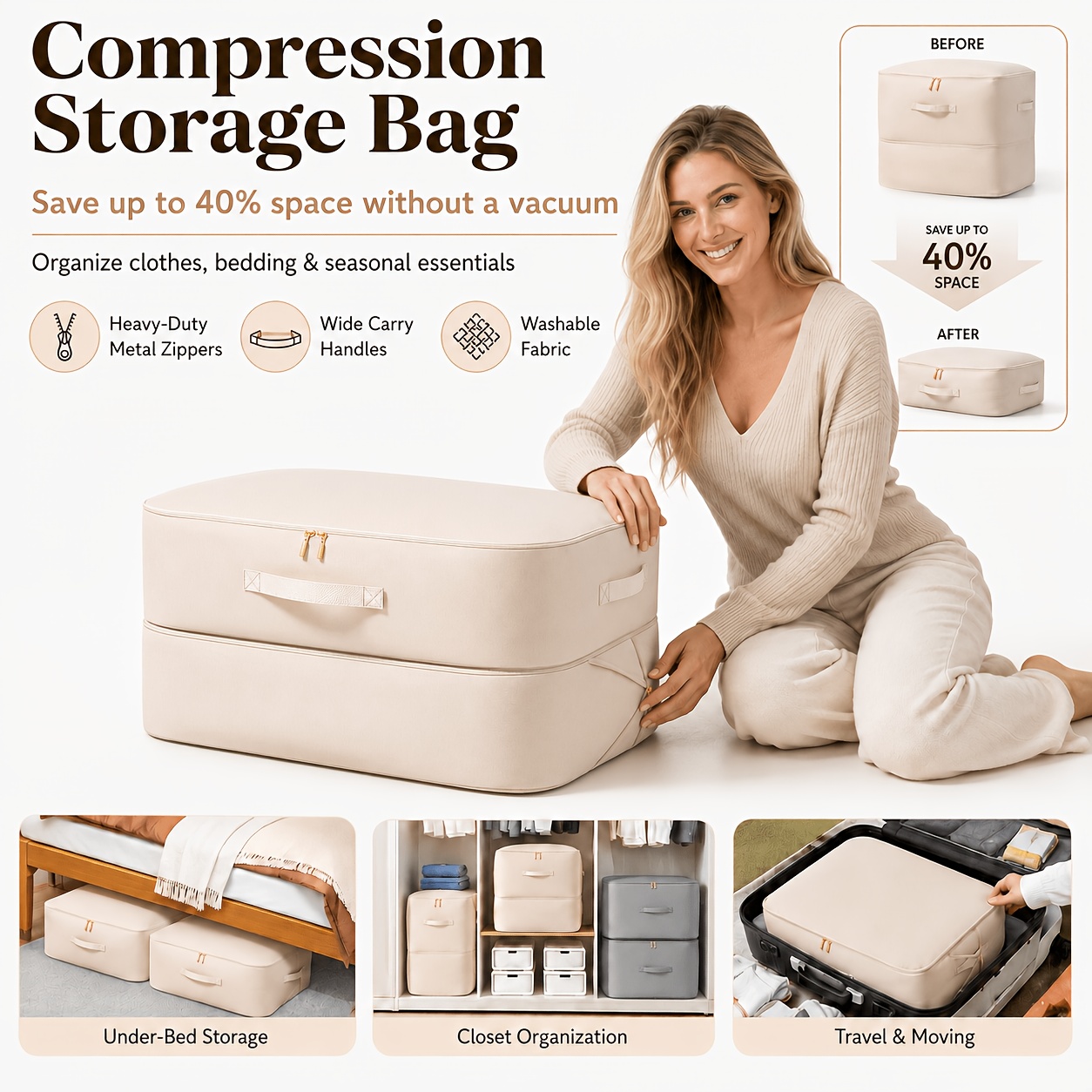 Vacuum Compression Bags Extra Large Household Compression Storage Bags for Clothes & Bedding - Space-Saving Organizer Ideal for Closet, Bedroom, and Under-Bed Storage, 3 Styles