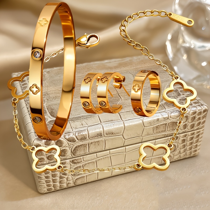 TEMU Lot de 5 ensembles de bijoux en acier inoxydable luxueux, étincelants et éblouissants, accessoires en acier inoxydable pour femmes,
