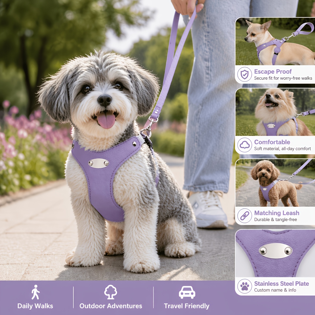 2pcs Custom Pet Leash Set with Adjustable Vest, Engraved Name & Phone Number