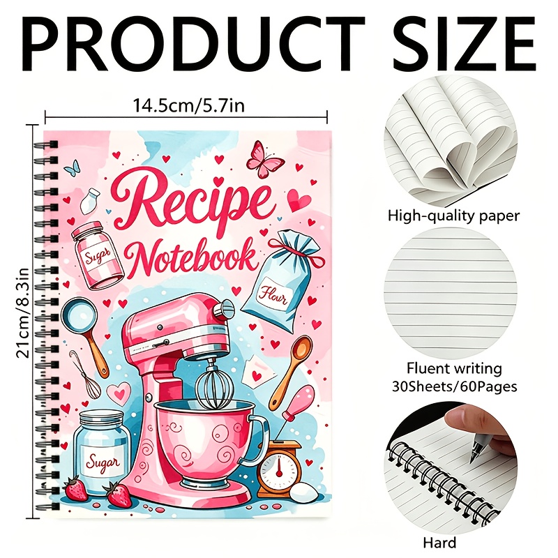 TEMU Carnet à spirale rose "Recette ", 30 feuilles intérieures pour un total de 60 pages, relié à spirale, rempli de jolis de cuisine pour un journal