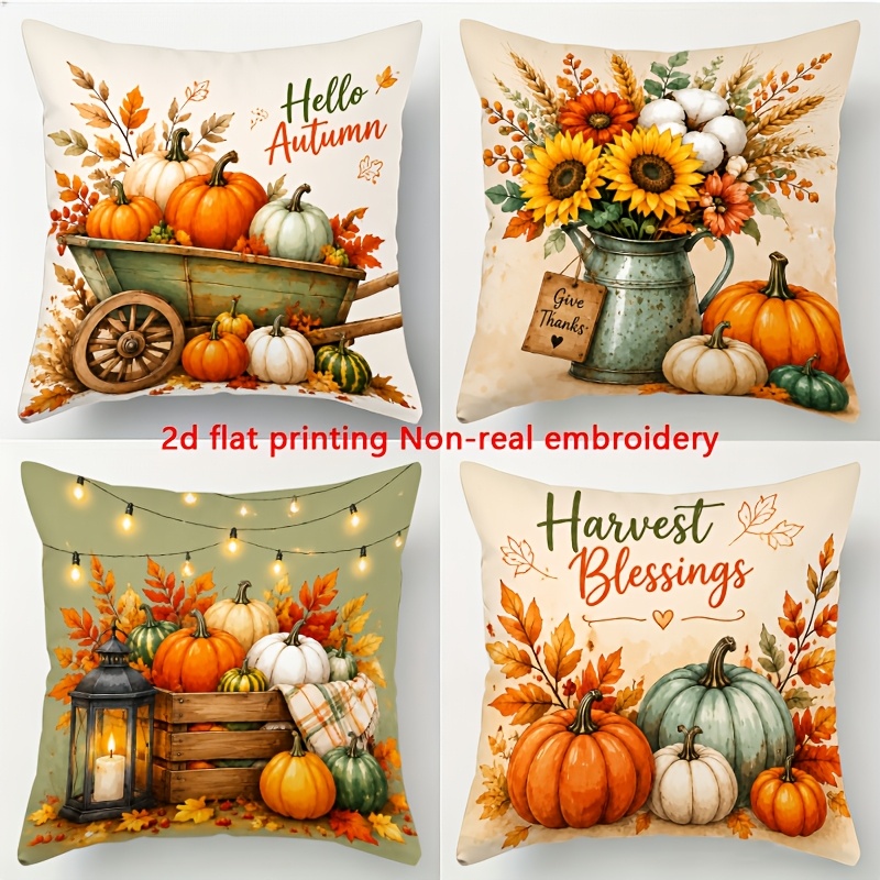 TEMU Lot de 4 housses de coussin automnales et citrouille - Housses de coussin rustiques de style ferme adaptées à toutes , fermeture éclair double