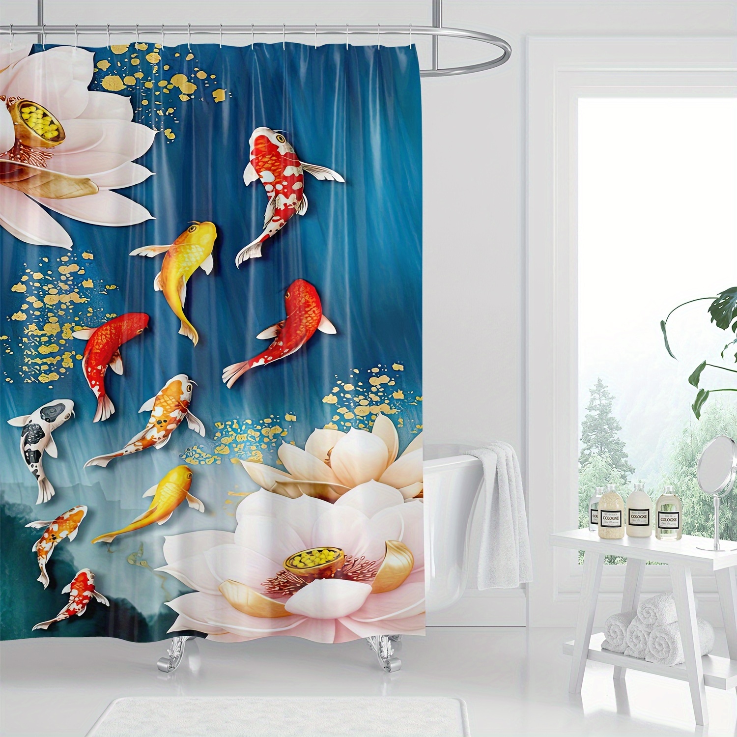 

1pc Lotus Koi Digital Printing Shower Curtain, All-season Shower Curtain, For Home Bathroom Window, Bathroom Décor