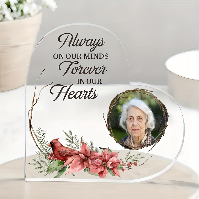 

1pc, Personalized Memorial Acrylic Heart Photo Plaque, Sympathy Bereavement Gift, Red And Floral Tribute, Table Centerpiece, Remembrance Decor For Loss Of Loved 1