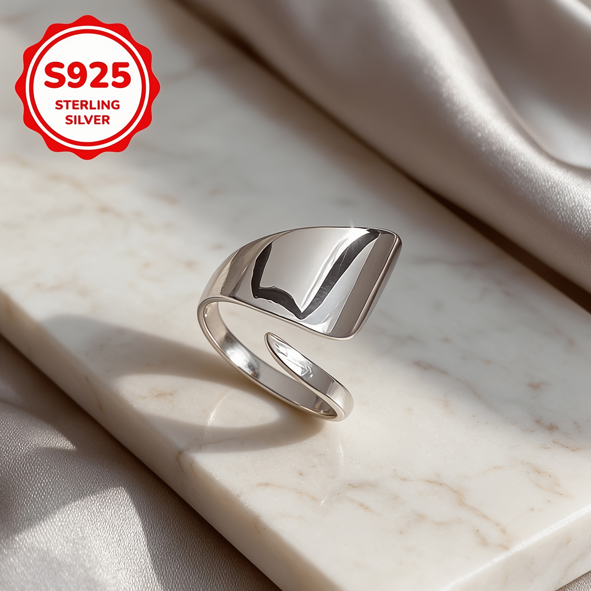 Women's 925 Silver Irregular Glossy Adjustable Ring, Versatile Design