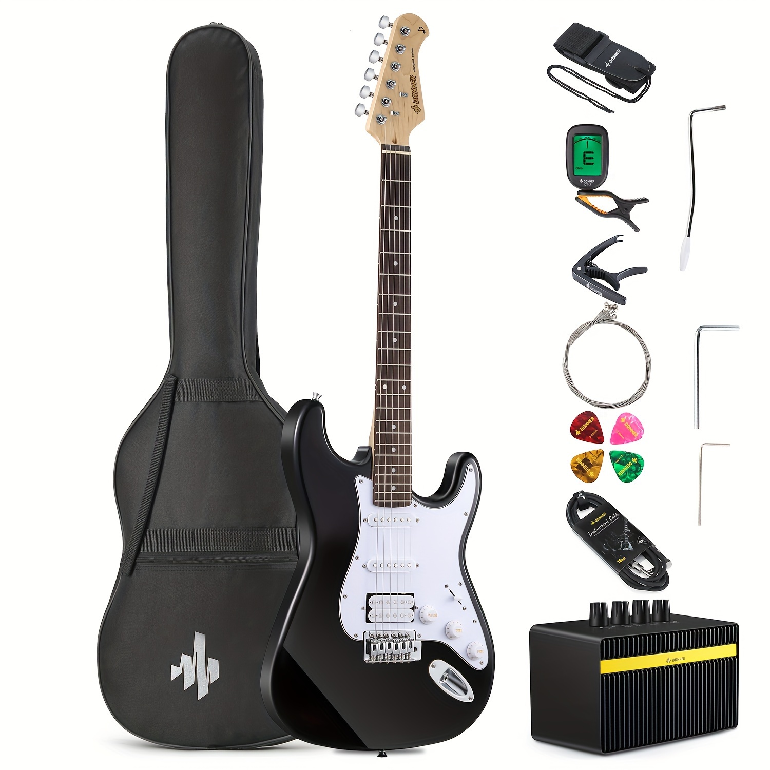 

Donner Dst-100b 39 Inch Electric Guitar Beginner Kit Solid Size Black Hss For Starter, With Amplifier, Bag, Digital Tuner, Capo, Strap, String, Cable, Picks