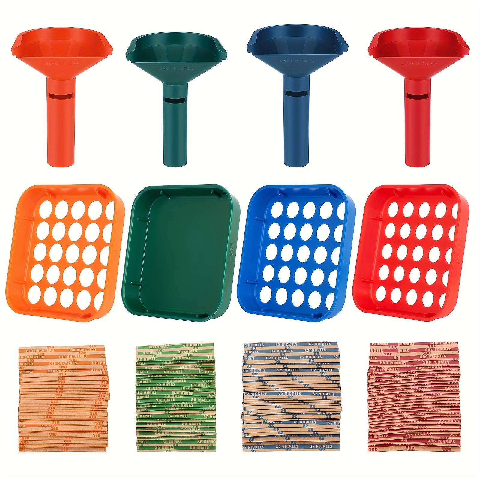 

Coin Counters & Coin Sorters - 4 Color Coded Coin Sorting Tray And Coin Counting Tubes Bundle With 100pcs Coin Wrappers Assorted