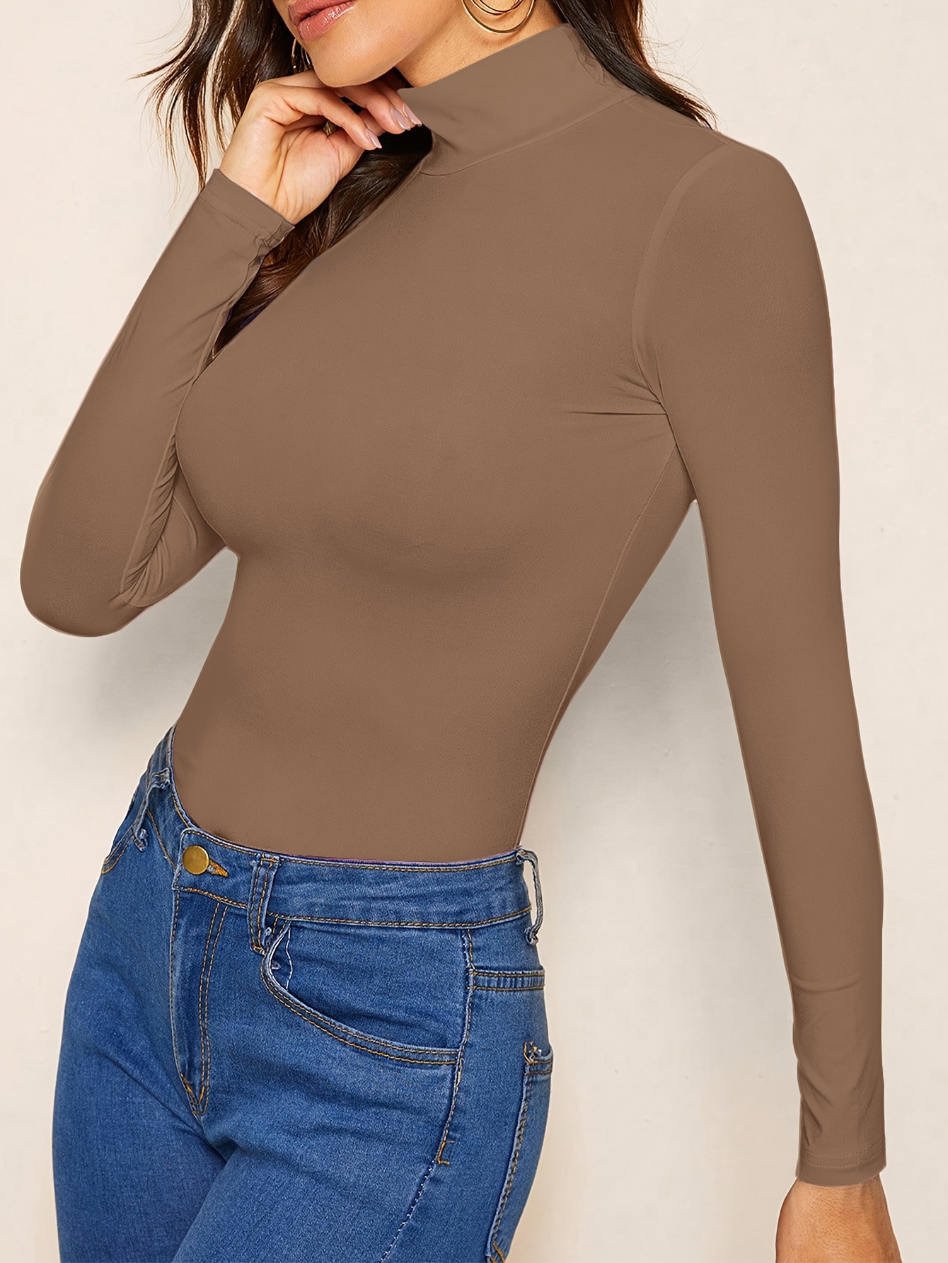 Solid Color Mock Neck T-Shirt, Versatile Long Sleeve T-Shirt For Spring & Fall, Women's Clothing