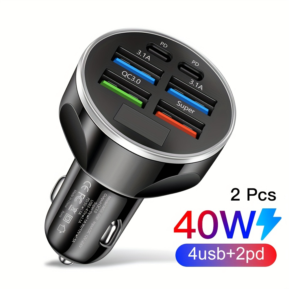 

2 Pcs Pack 40w Fast Charging Car Phone Charger 4 Usb + 2 Pd Phone Charger Type C Pd Qc3.0 Phone Charger In Car For Iphone For Samsung