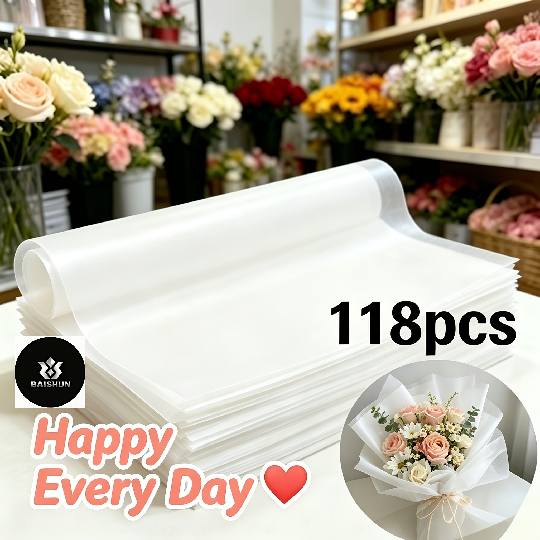TEMU 118 Feuilles de Papier Cadeau, Papier d'Emballage Floral, Papier à Support Laité pour Bouquets de Fleurs, Papier Imperméable pour Matériaux