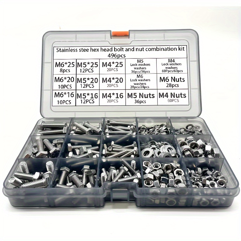 

[top-] 496pcs Steel Hex Bolt And Nut Kit - M4, M5, M6 16mm, 20mm, 25mm Set For Fastening