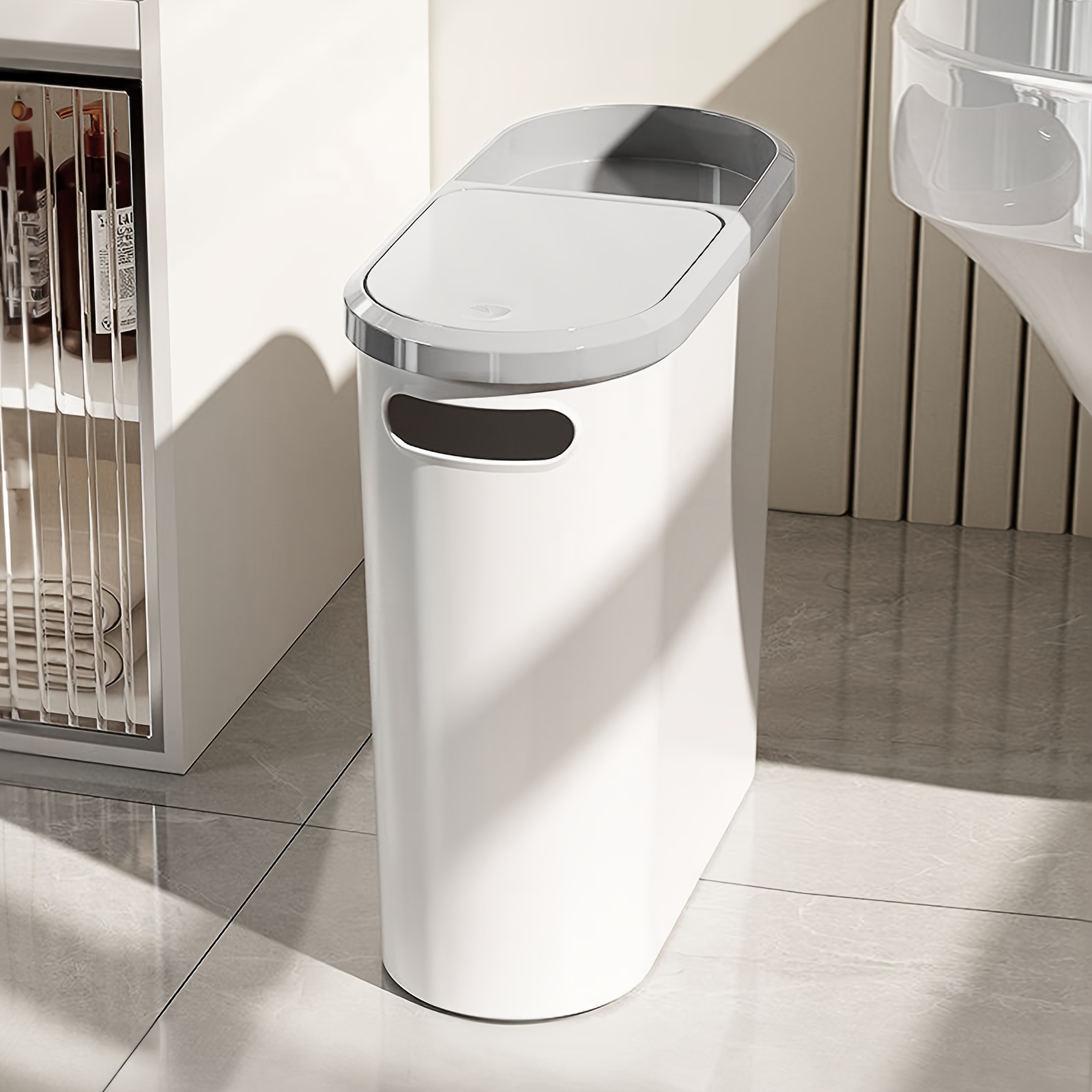 

Bathroom Trash Can, Compact And Plastic Wastebasket With Built-in Handles, Easy To Clean, Rustproof, Space-saving Design, Ideal For Small In Bathroom, Laundry, And Home Office