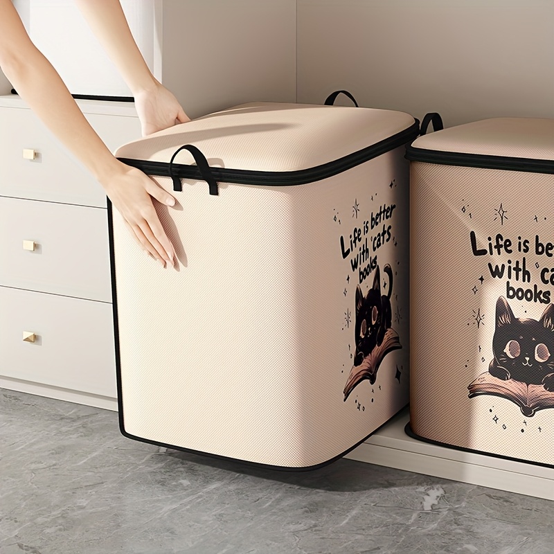 TEMU 1pc Boîte de rangement couverte pour vêtements de grande , Sac de rangement à motif de chat de lecture, Grand sac de rangement pliable de grande