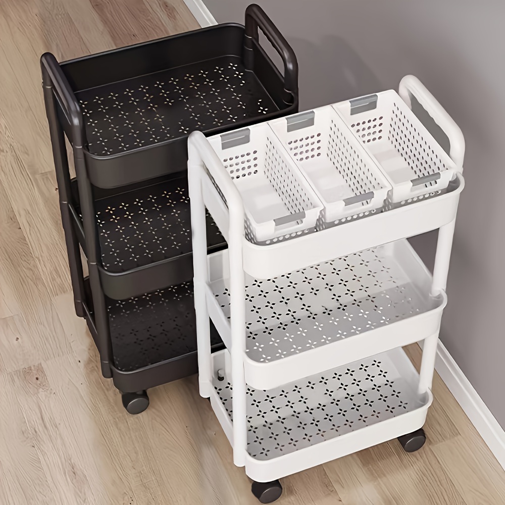 

3-tier Rolling Storage Cart - White & Black Plastic Organizer With Wheels For Kitchen, Bathroom, Bedroom - No Required, Perfect Christmas Gift, Bathroom Organizers And Storage